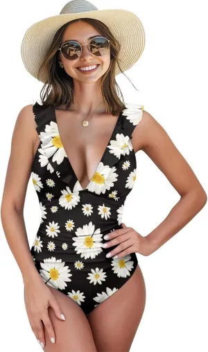 One Piece Swimsuit Women Tummy Control Bathing Suit Ruffle V Neck Swimwear High Waisted Slimming Swimwear
