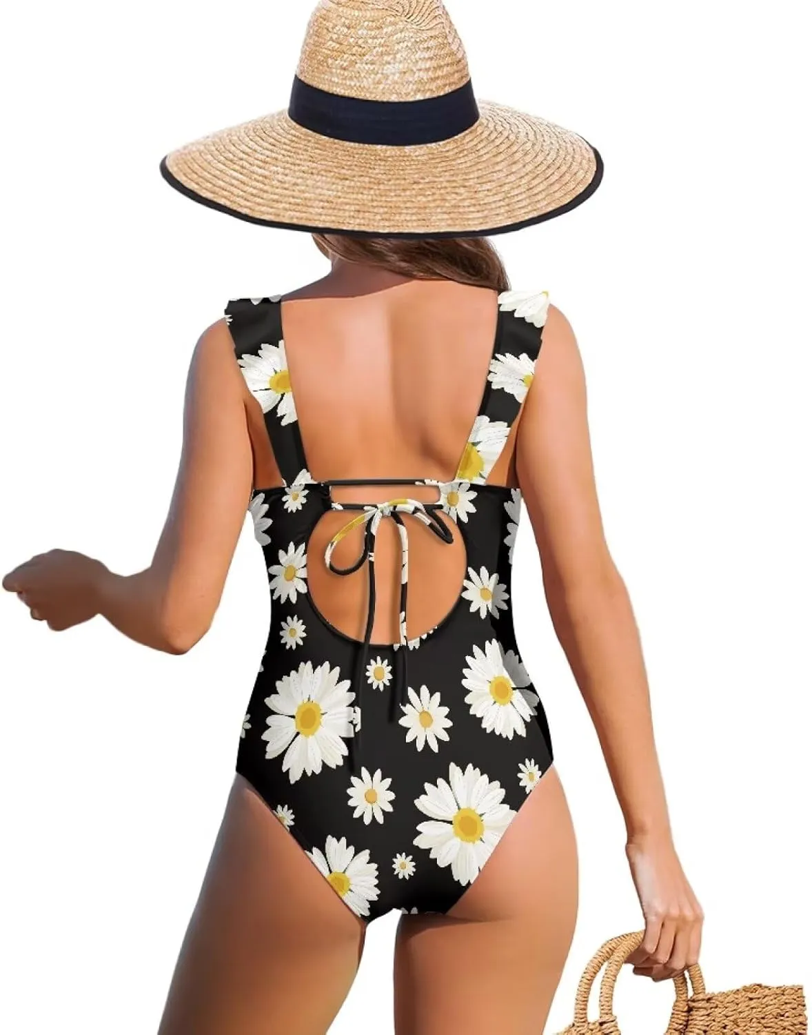 One Piece Swimsuit Women Tummy Control Bathing Suit Ruffle V Neck Swimwear High Waisted Slimming Swimwear