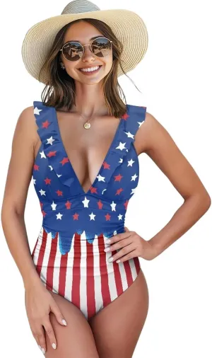 One Piece Swimsuit Women Tummy Control Bathing Suit Ruffle V Neck Swimwear High Waisted Slimming Swimwear