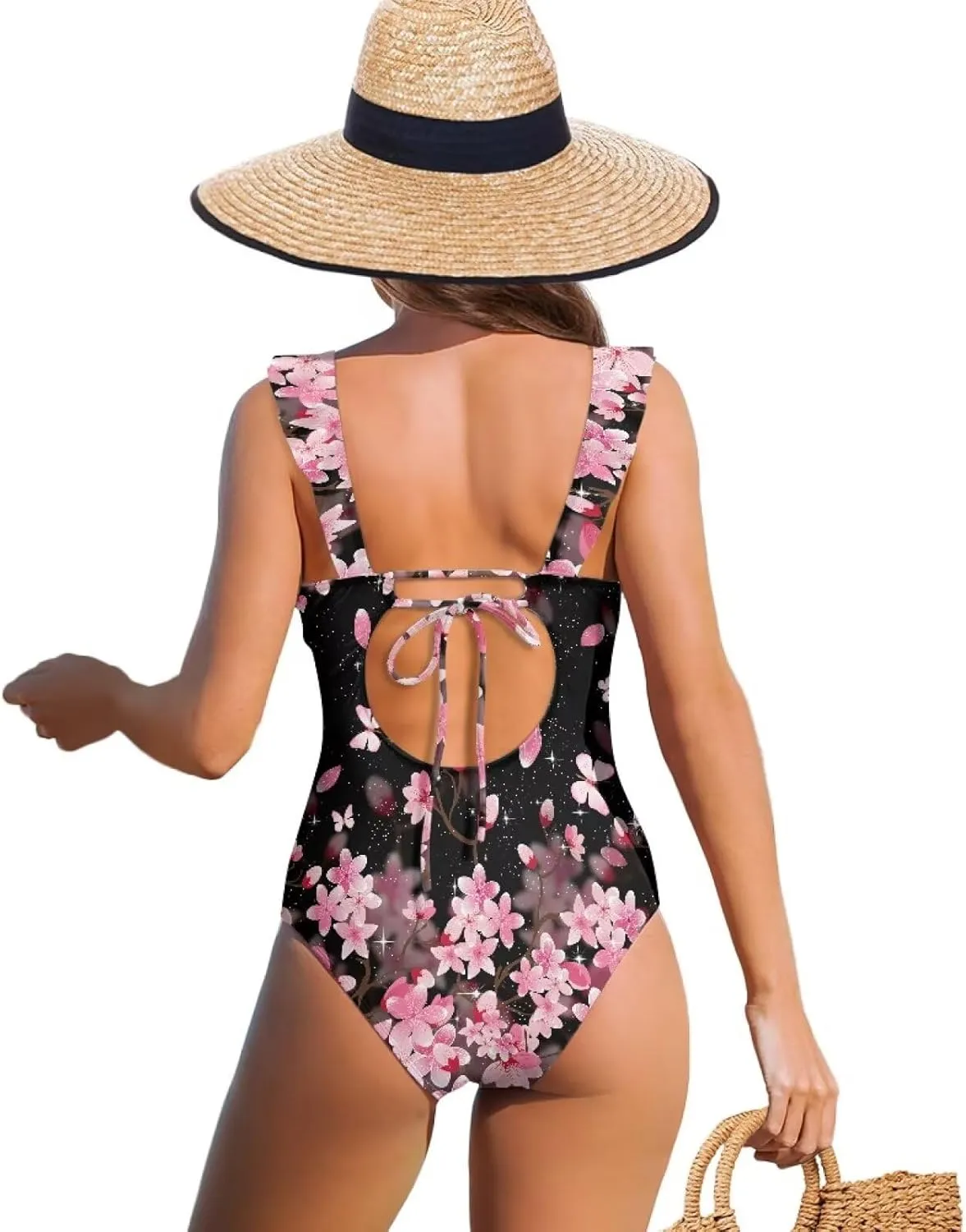 One Piece Swimsuit Women Tummy Control Bathing Suit Ruffle V Neck Swimwear High Waisted Slimming Swimwear