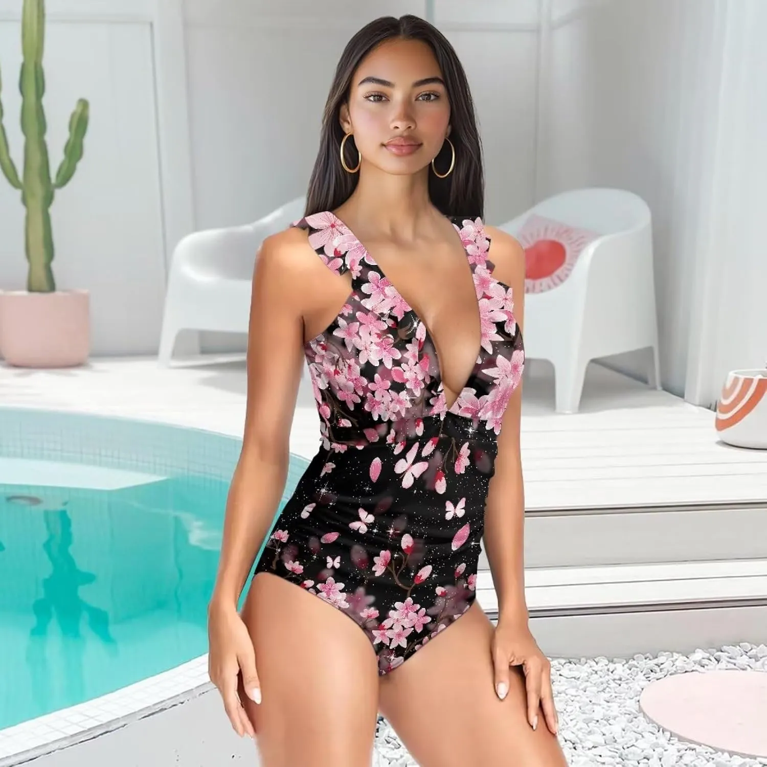 One Piece Swimsuit Women Tummy Control Bathing Suit Ruffle V Neck Swimwear High Waisted Slimming Swimwear