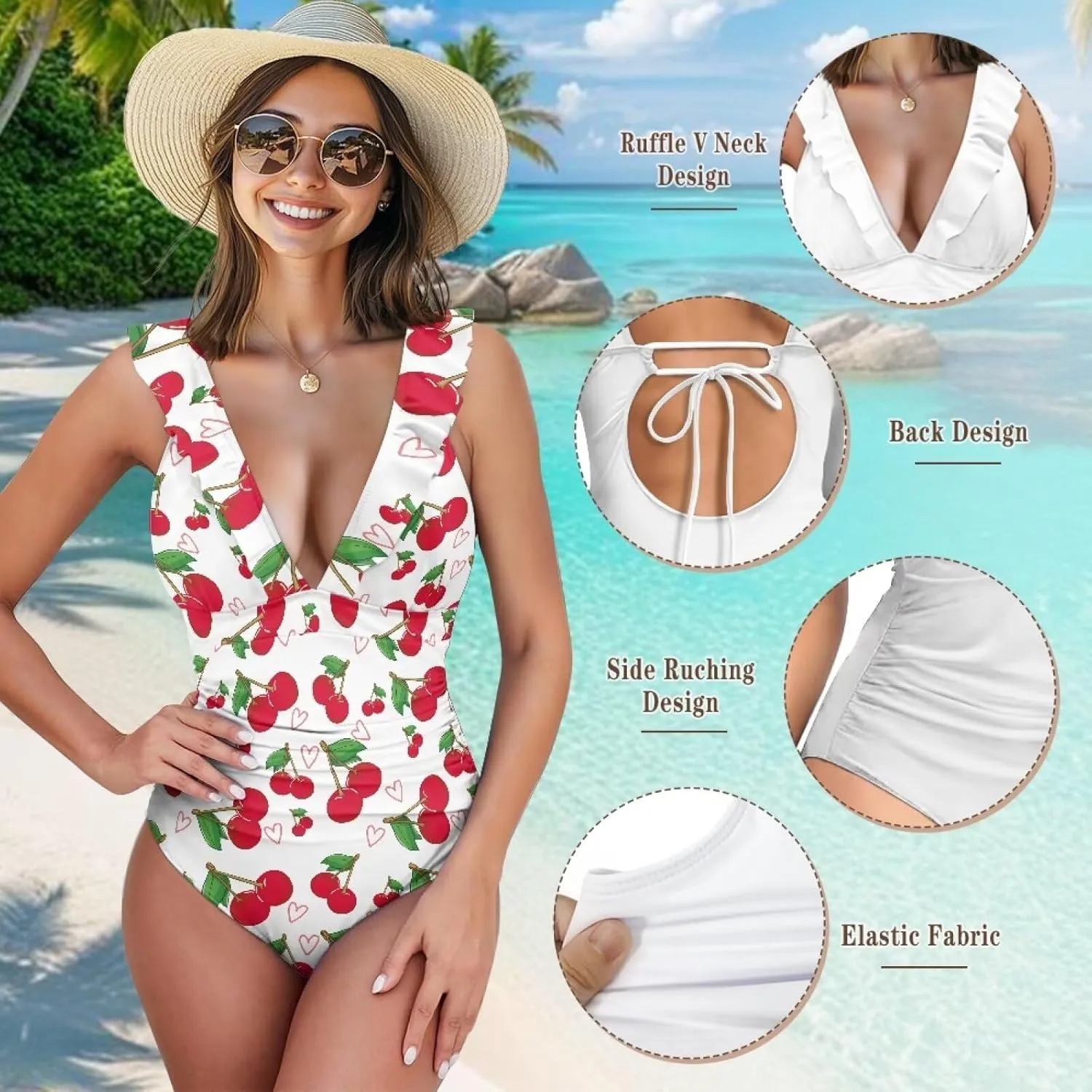 One Piece Swimsuit Women Tummy Control Bathing Suit Ruffle V Neck Swimwear High Waisted Slimming Swimwear