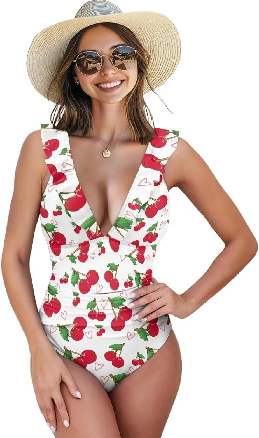 One Piece Swimsuit Women Tummy Control Bathing Suit Ruffle V Neck Swimwear High Waisted Slimming Swimwear