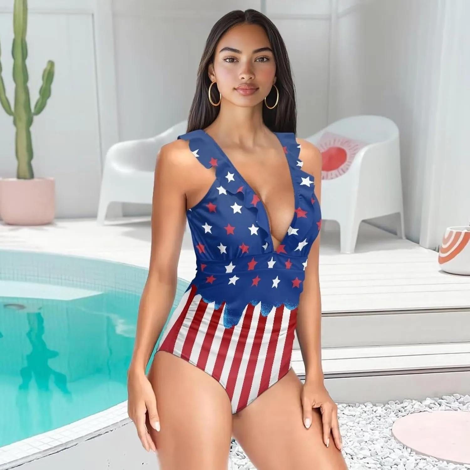 One Piece Swimsuit Women Tummy Control Bathing Suit Ruffle V Neck Swimwear High Waisted Slimming Swimwear