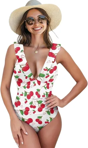One Piece Swimsuit Women Tummy Control Bathing Suit Ruffle V Neck Swimwear High Waisted Slimming Swimwear