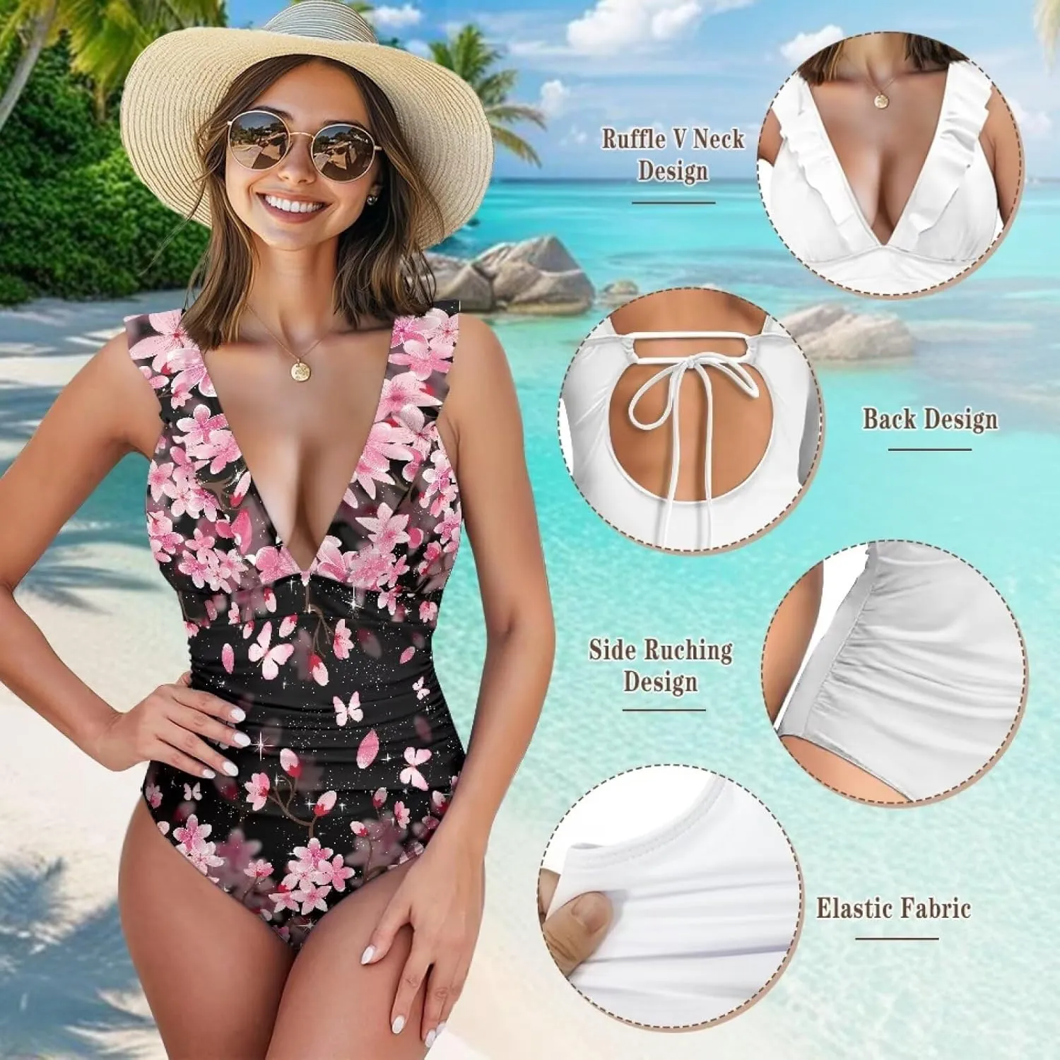 One Piece Swimsuit Women Tummy Control Bathing Suit Ruffle V Neck Swimwear High Waisted Slimming Swimwear