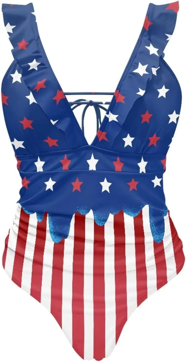One Piece Swimsuit Women Tummy Control Bathing Suit Ruffle V Neck Swimwear High Waisted Slimming Swimwear