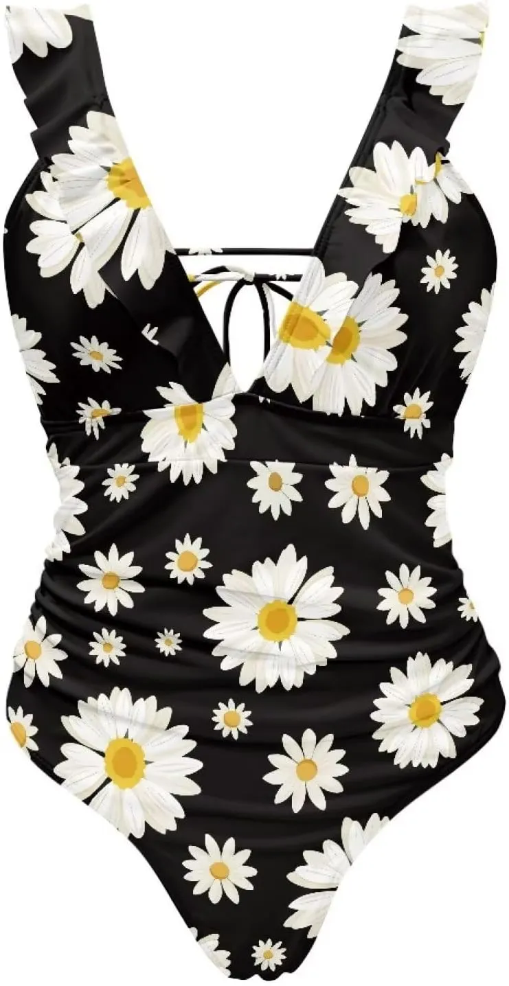 One Piece Swimsuit Women Tummy Control Bathing Suit Ruffle V Neck Swimwear High Waisted Slimming Swimwear