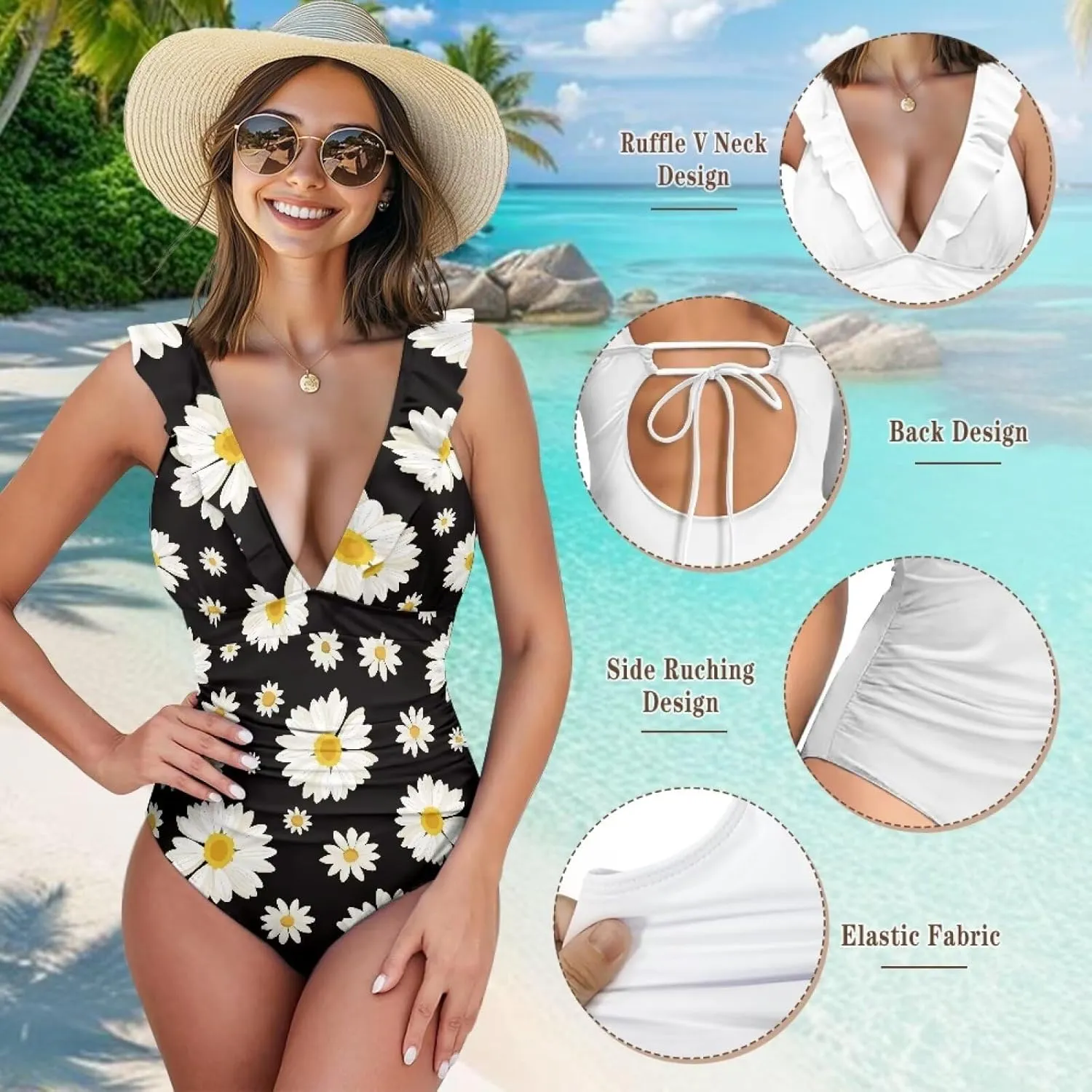 One Piece Swimsuit Women Tummy Control Bathing Suit Ruffle V Neck Swimwear High Waisted Slimming Swimwear