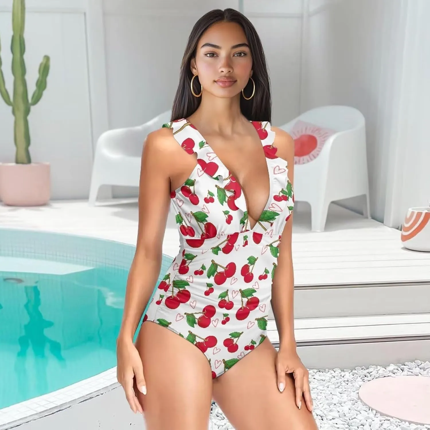One Piece Swimsuit Women Tummy Control Bathing Suit Ruffle V Neck Swimwear High Waisted Slimming Swimwear