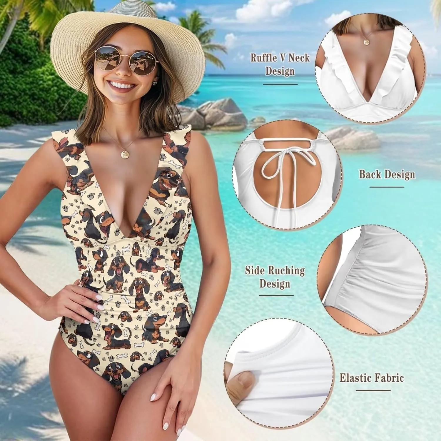 One Piece Swimsuit Women Tummy Control Bathing Suit Ruffle V Neck Swimwear High Waisted Slimming Swimwear