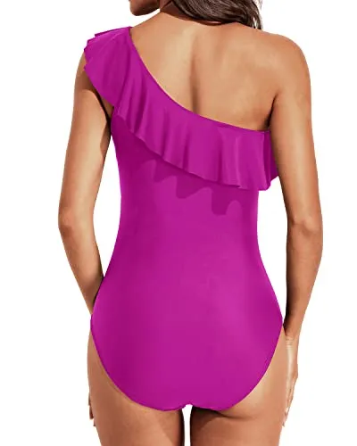 One Piece Swimsuits Tummy Control One Shoulder Swimwear-Hot Pink