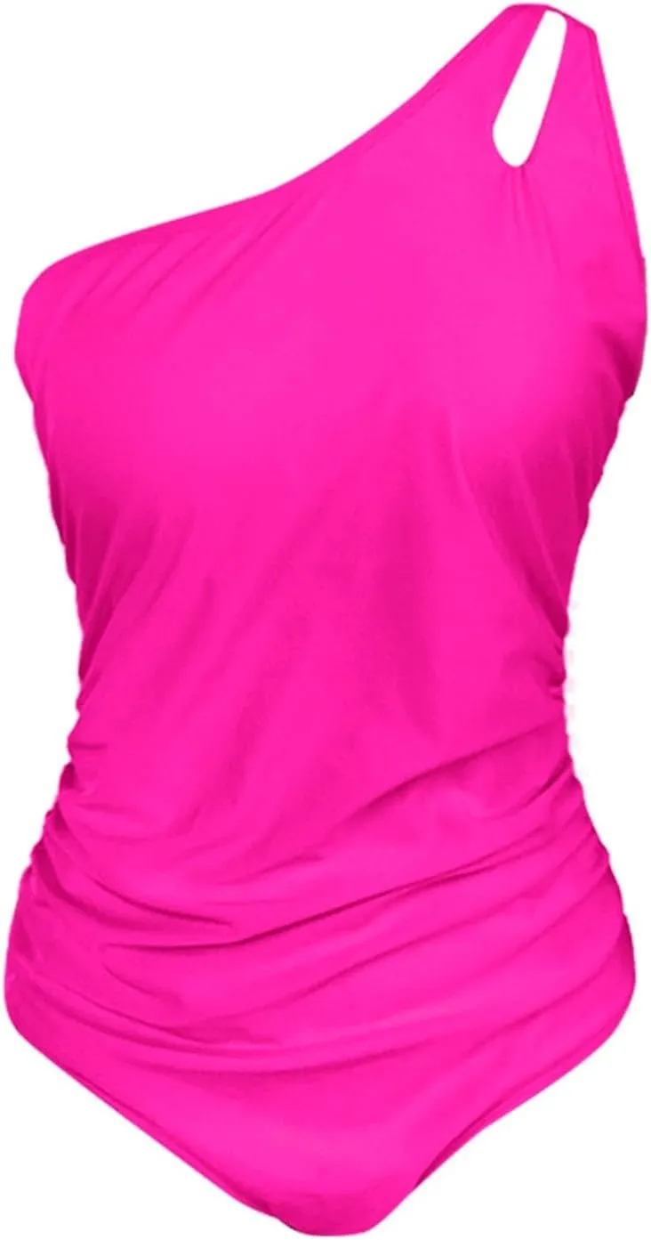 One Shoulder One Piece Swimsuit for Women Tummy Control Bathing Suits Modest Full Coverage Slimming Keyhole Backless Swimwear