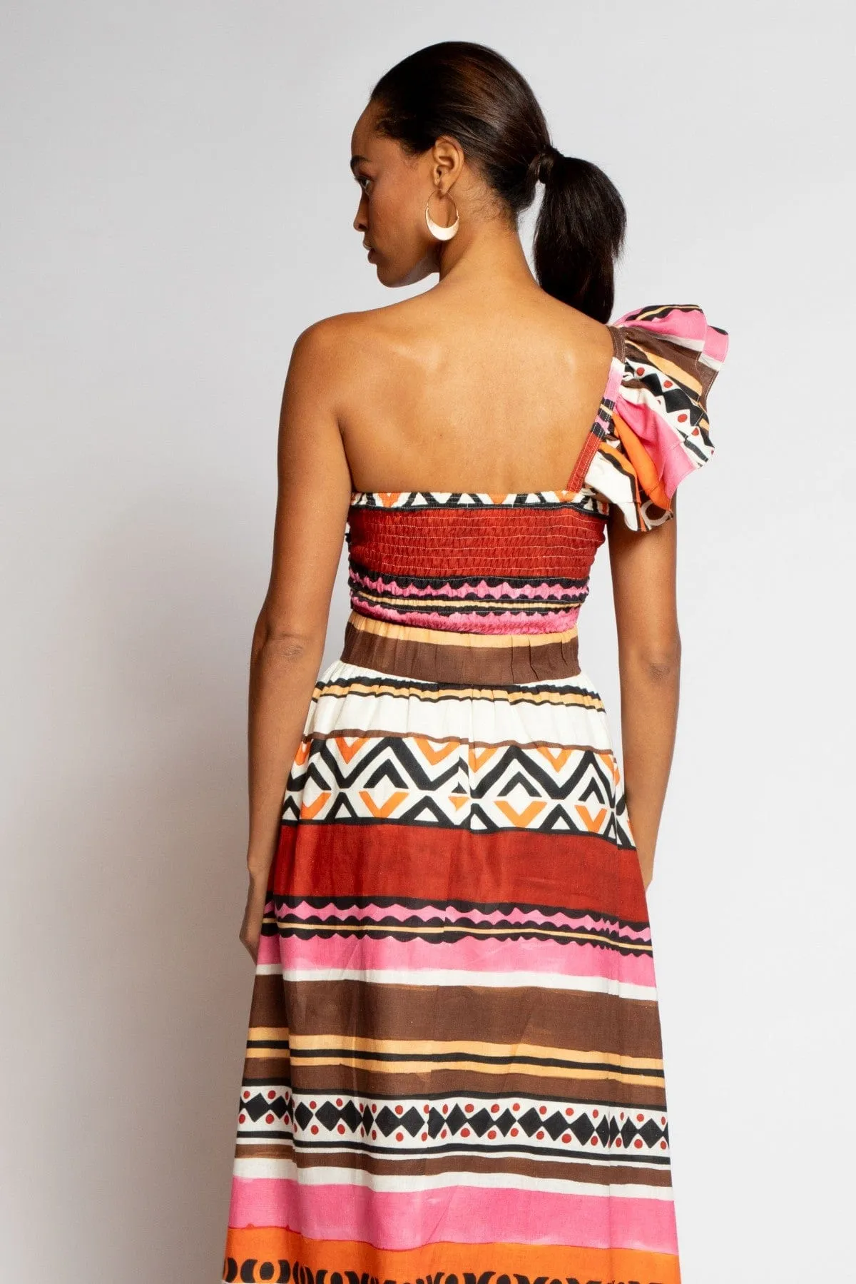 One-Shoulder Pleated Dress - Tulum Stripe Bold Design countryside