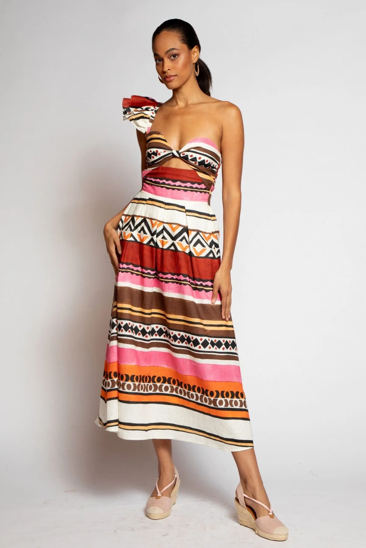 One-Shoulder Pleated Dress - Tulum Stripe Luxurious Feel Buckle-Detail