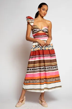 One-Shoulder Pleated Dress - Tulum Stripe Slip Style One-Shoulder Pleated Dress - Tulum Stripe Relaxed-fit gown Contrast-Piping