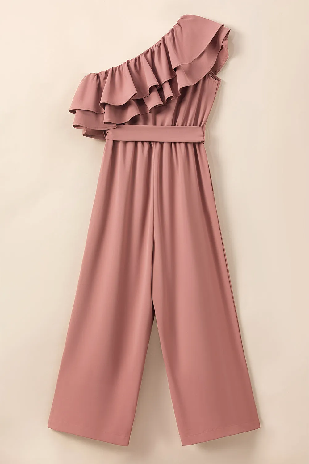 One Shoulder Ruffle Trim Belted Jumpsuit
