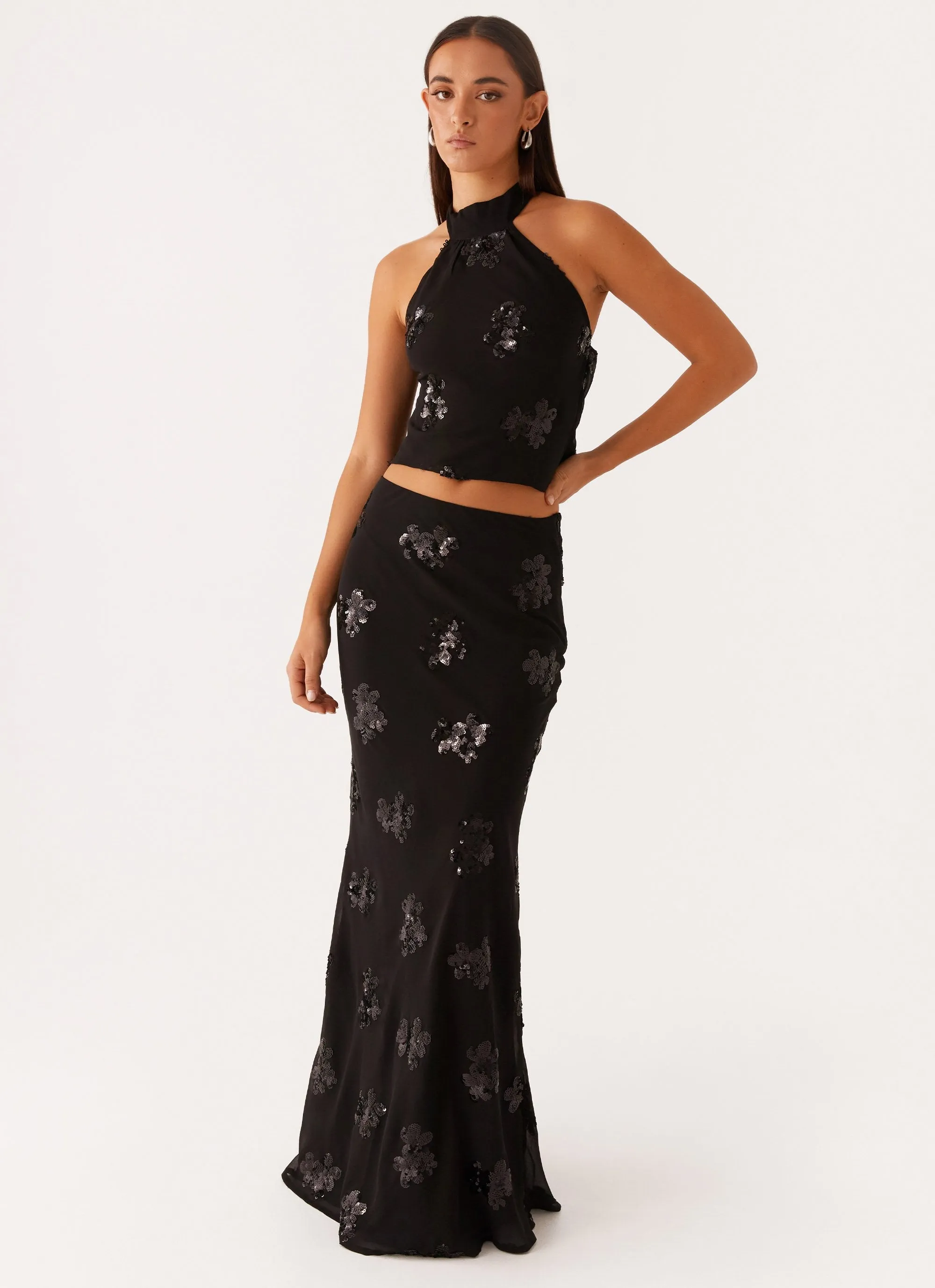 Snug Waist Only Girl Sequin Maxi Skirt - Black