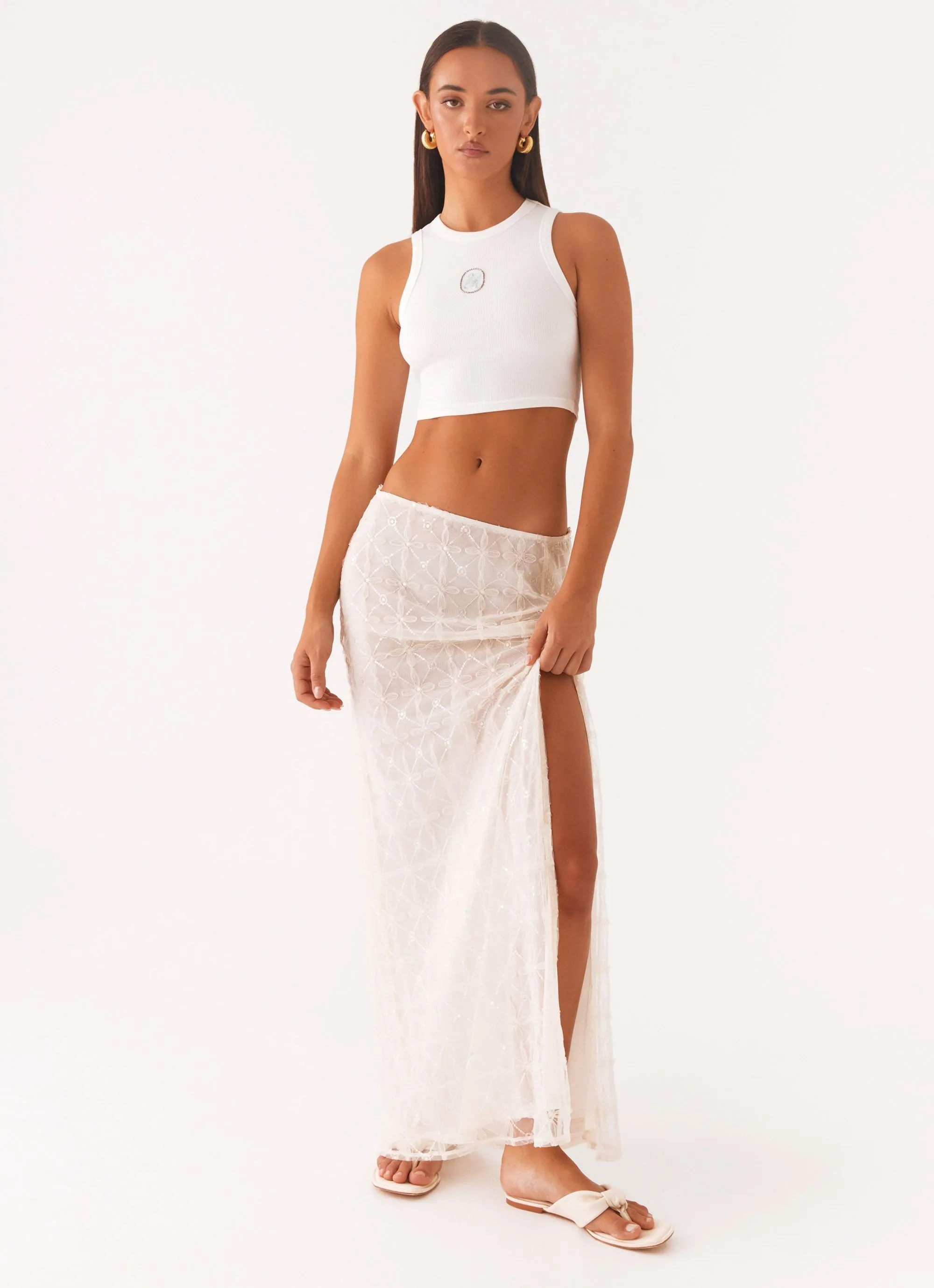 Opal Sequin Maxi Skirt - White No Wrinkle AllDayComfort