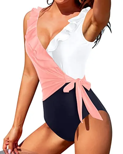 Open-Back Flounce Wrapped One Piece Swimsuits For Women-Pink White And Navy