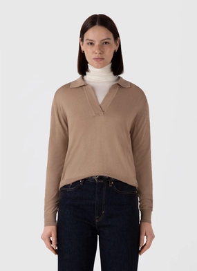 Open Weave Women's Mulberry Silk Polo in Oat Women's Mulberry Silk Polo in Oat Breathable mesh lining