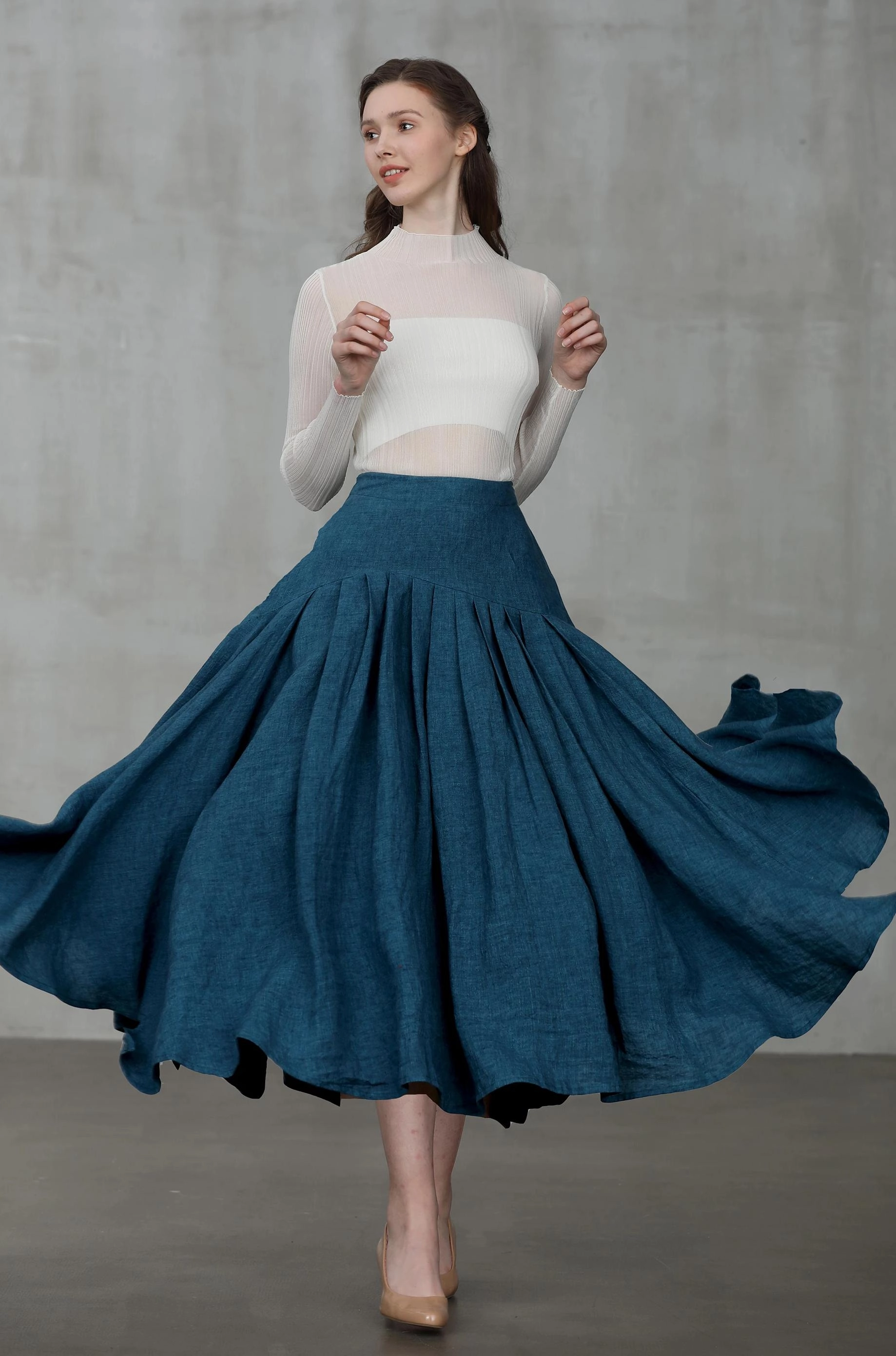 Opera 25 | peacock blue linen skirt Structured Casual Fit