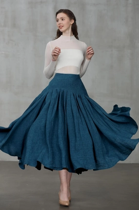 Opera 25 | peacock blue linen skirt windproof lining Opera 25 | peacock blue linen skirt Structured Casual Fit