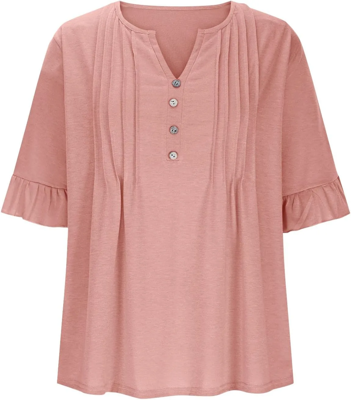 Oplxuo Womens Button Down Shirts Ruffle Short Sleeve V-Neck Pleated Front Tunic Tops Dressy Casual Work Blouses