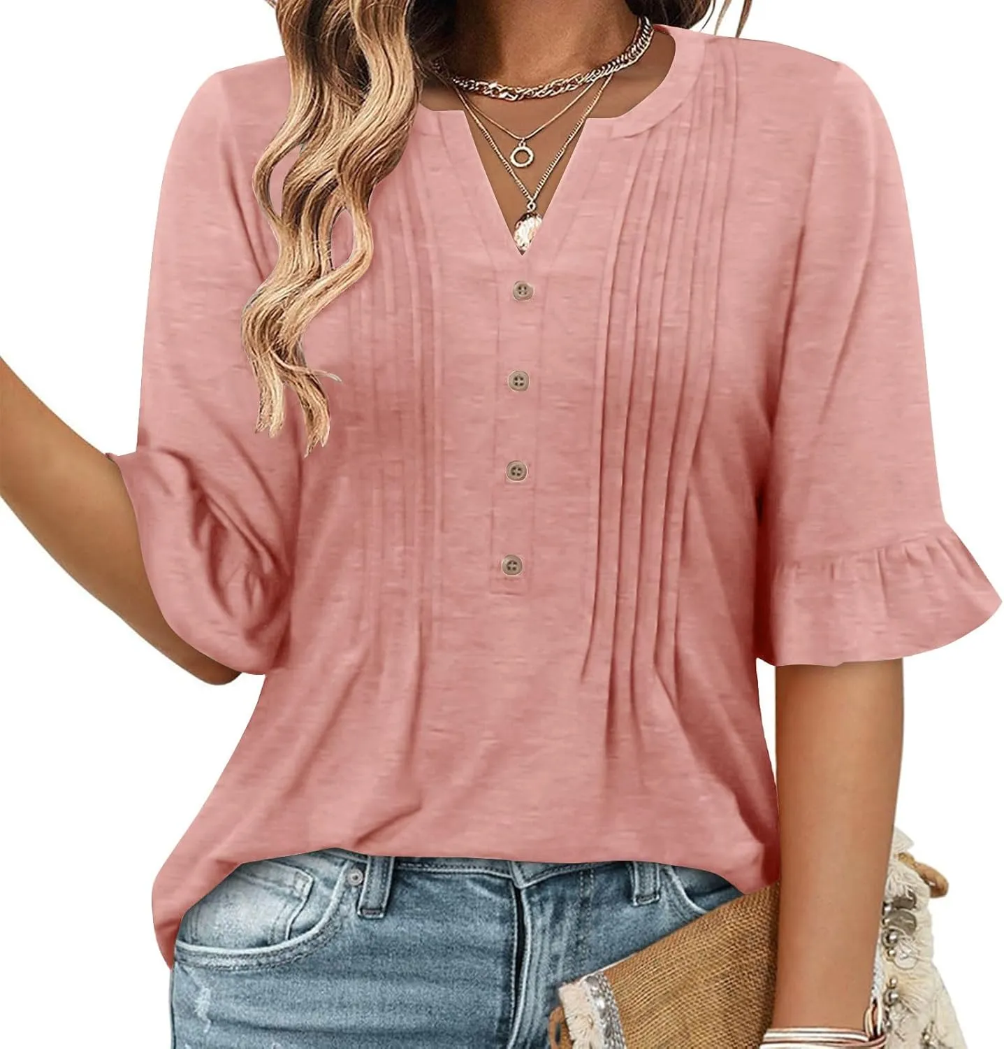Oplxuo Womens Button Down Shirts Ruffle Short Sleeve V-Neck Pleated Front Tunic Tops Dressy Casual Work Blouses