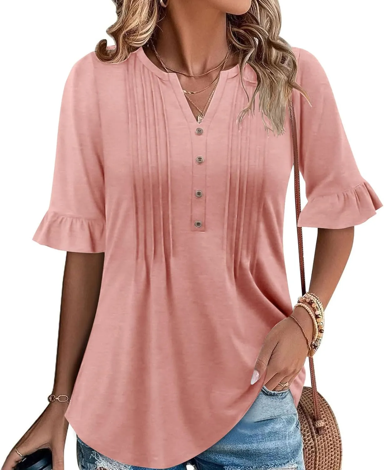 Oplxuo Womens Button Down Shirts Ruffle Short Sleeve V-Neck Pleated Front Tunic Tops Dressy Casual Work Blouses
