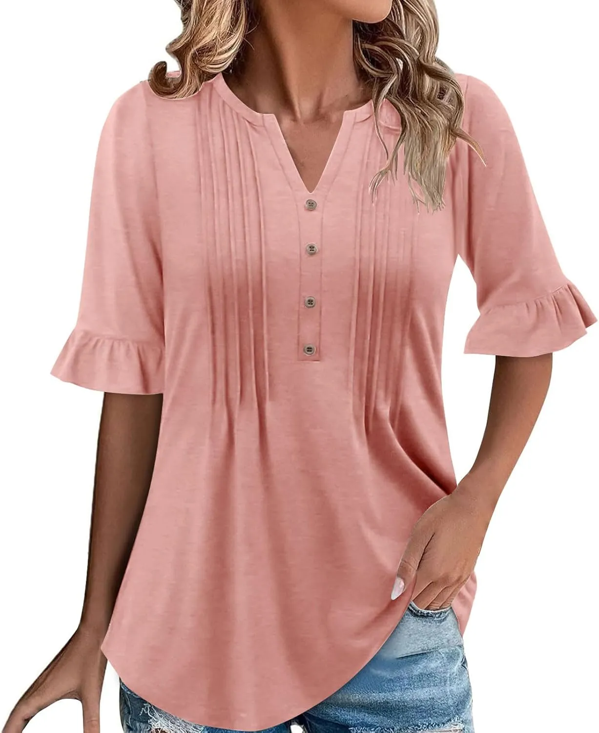Oplxuo Womens Button Down Shirts Ruffle Short Sleeve V-Neck Pleated Front Tunic Tops Dressy Casual Work Blouses