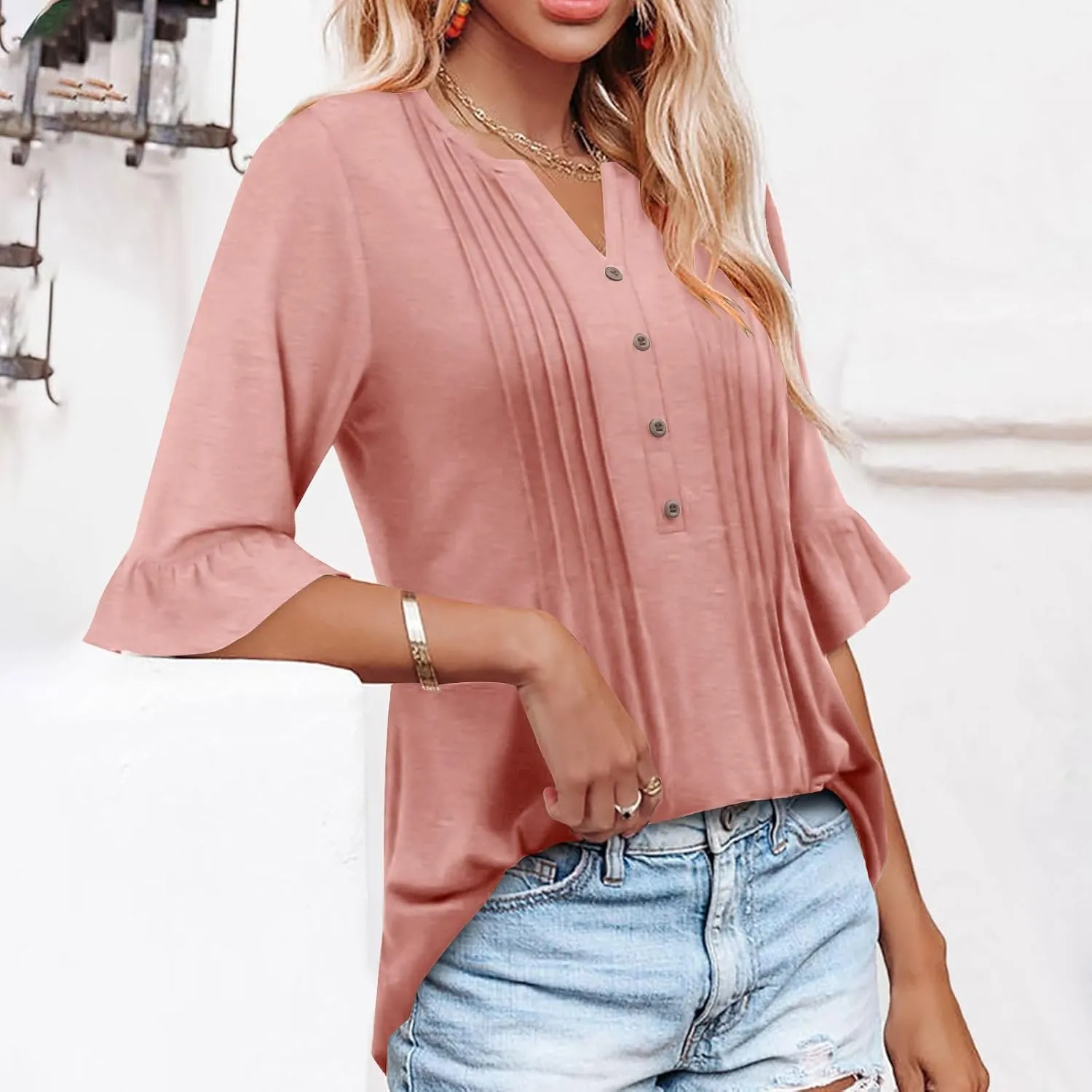 Oplxuo Womens Button Down Shirts Ruffle Short Sleeve V-Neck Pleated Front Tunic Tops Dressy Casual Work Blouses