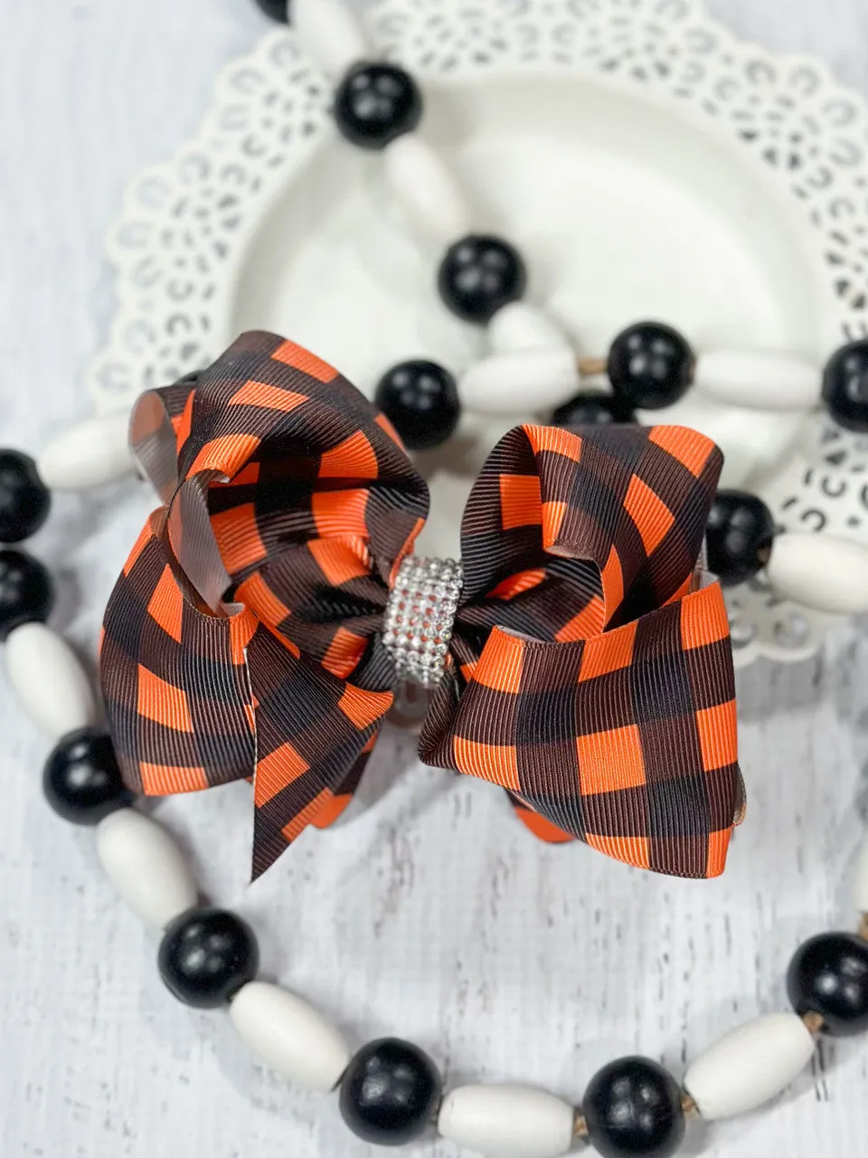 Orange Buffalo Plaid Oversize Rhinestone Center Knot Hair Bow