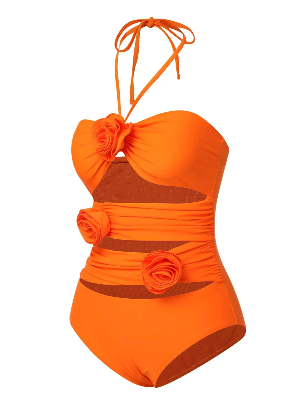Orange Red 1950s Halter 3D Flower One-Piece Swimsuit