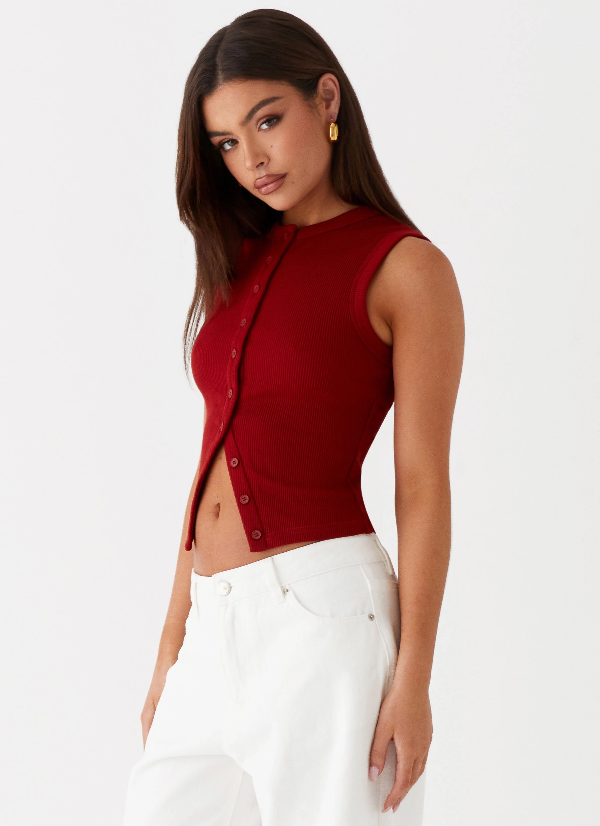 Bound Seam Finish Blair Buttoned Tank Top - Ribbed Knit