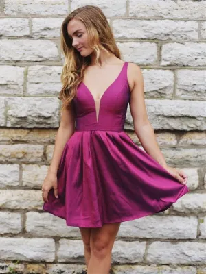 Outstanding Satin V-neck Neckline A-line Homecoming Dresses HD234