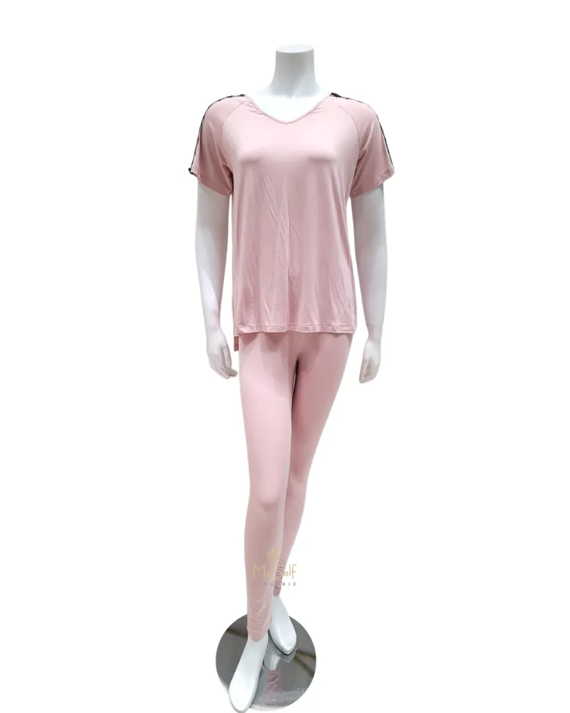 OZ211 Dusty Pink Black Lace Short Sleeve Pajamas Set