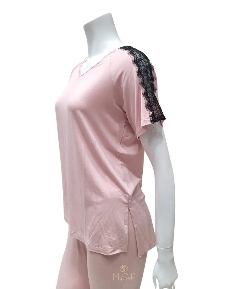OZ211 Dusty Pink Black Lace Short Sleeve Pajamas Set