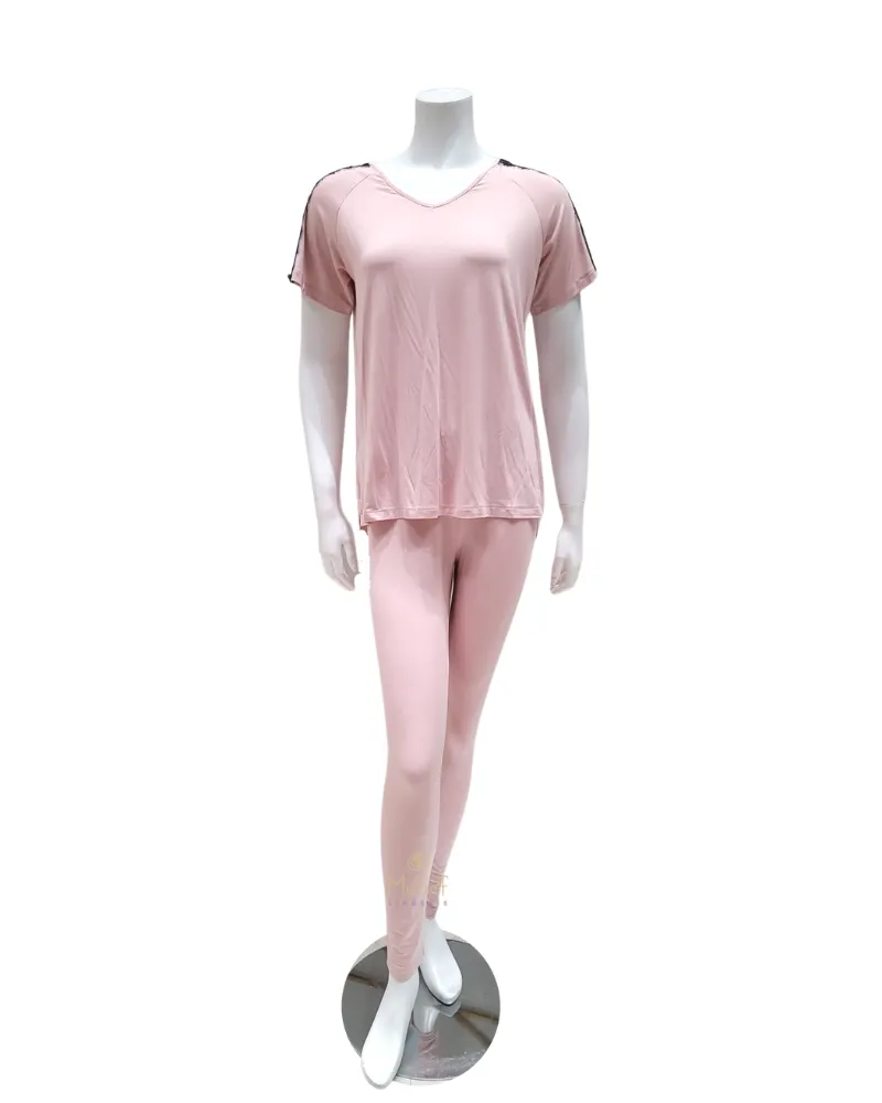 OZ211 Dusty Pink Black Lace Short Sleeve Pajamas Set