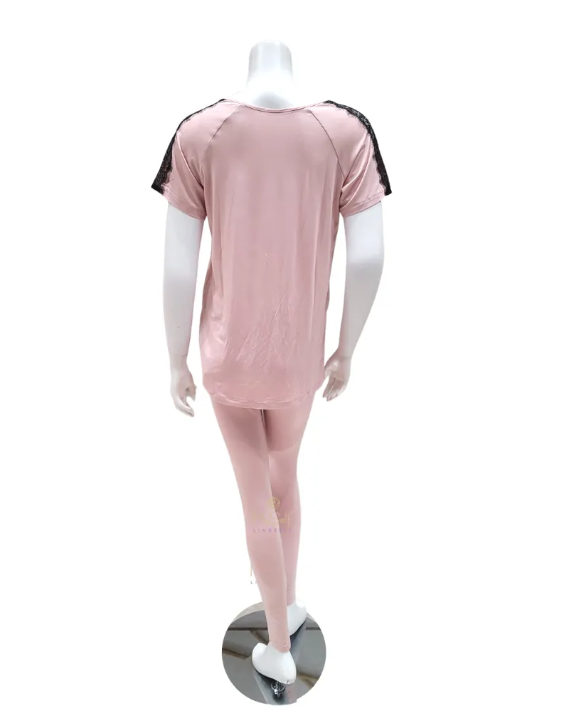 OZ211 Dusty Pink Black Lace Short Sleeve Pajamas Set