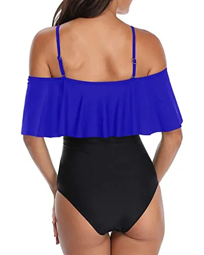Padded Bras Off Shoulder Vintage One Piece Swimsuits-Royal Blue And Black