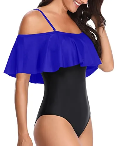 Padded Bras Off Shoulder Vintage One Piece Swimsuits-Royal Blue And Black