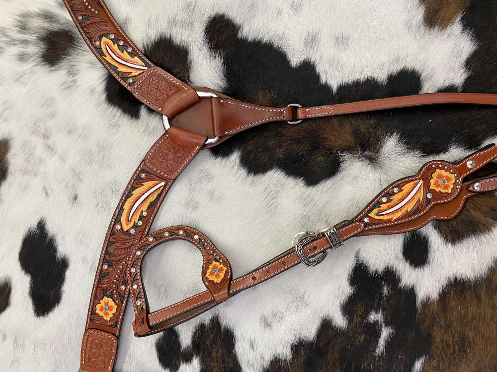 Painted Floral & Feather Headstall Set