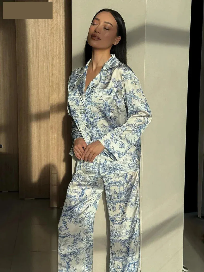 Pajamas Loungewear Matching Set – Silky Flower Print Pajamas Suit