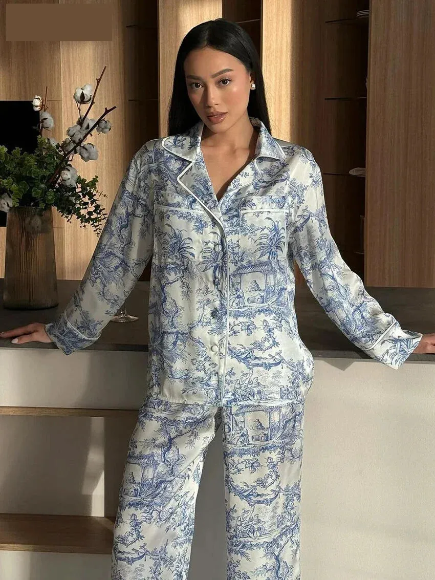 Pajamas Loungewear Matching Set – Silky Flower Print Pajamas Suit