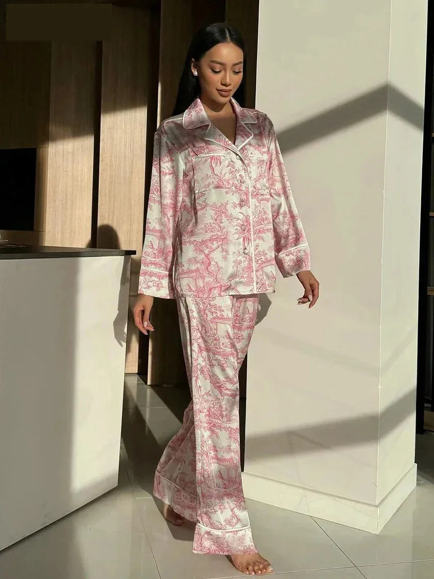Pajamas Loungewear Matching Set – Silky Flower Print Pajamas Suit