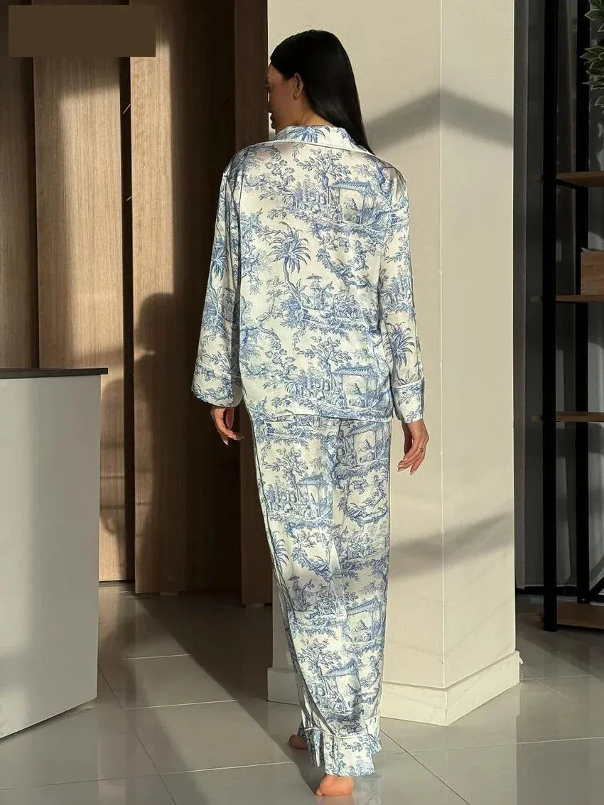 Pajamas Loungewear Matching Set – Silky Flower Print Pajamas Suit