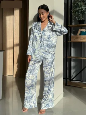 Pajamas Loungewear Matching Set – Silky Flower Print Pajamas Suit