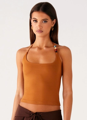 Palm Beach Top - Tan Four Way Stretch Material Palm Beach Top - Tan Eco Friendly Material Silicone Print Detail