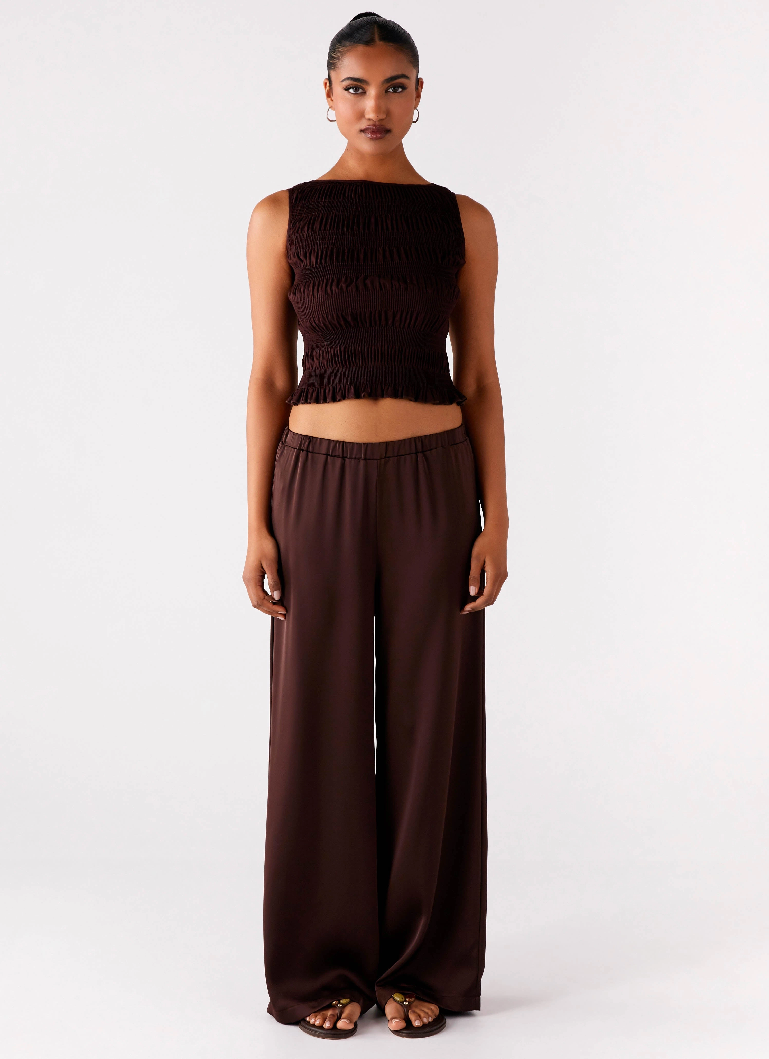 flowy silhouette Palm Cove Satin Pants - Chocolate
